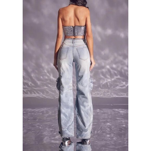 Women Rhinestone Cargo Jeans High Waist Ripped Stretchy Denim Pants - Picture 6 of 6